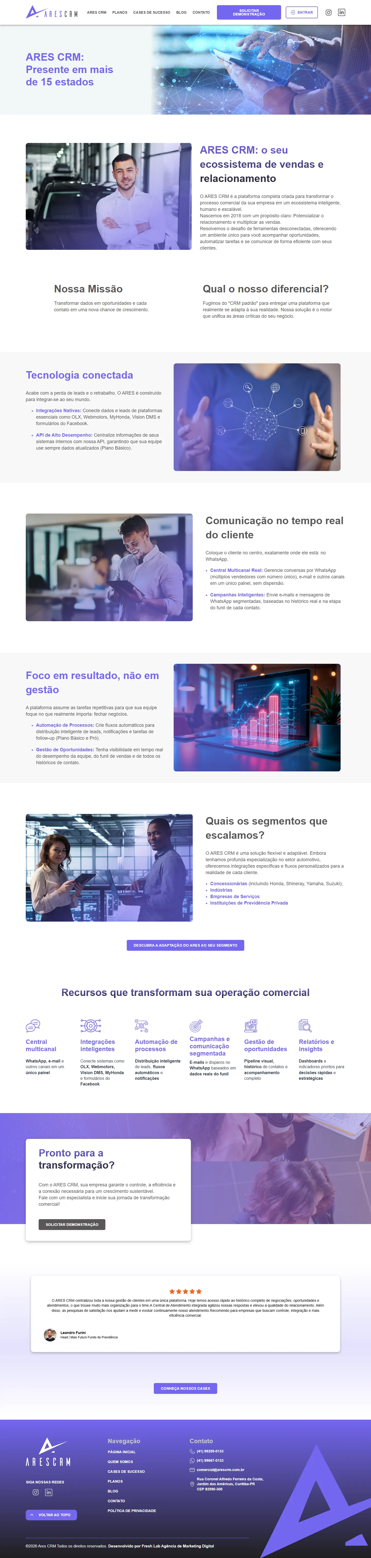Página Ares CRM do site, inteira, no computador