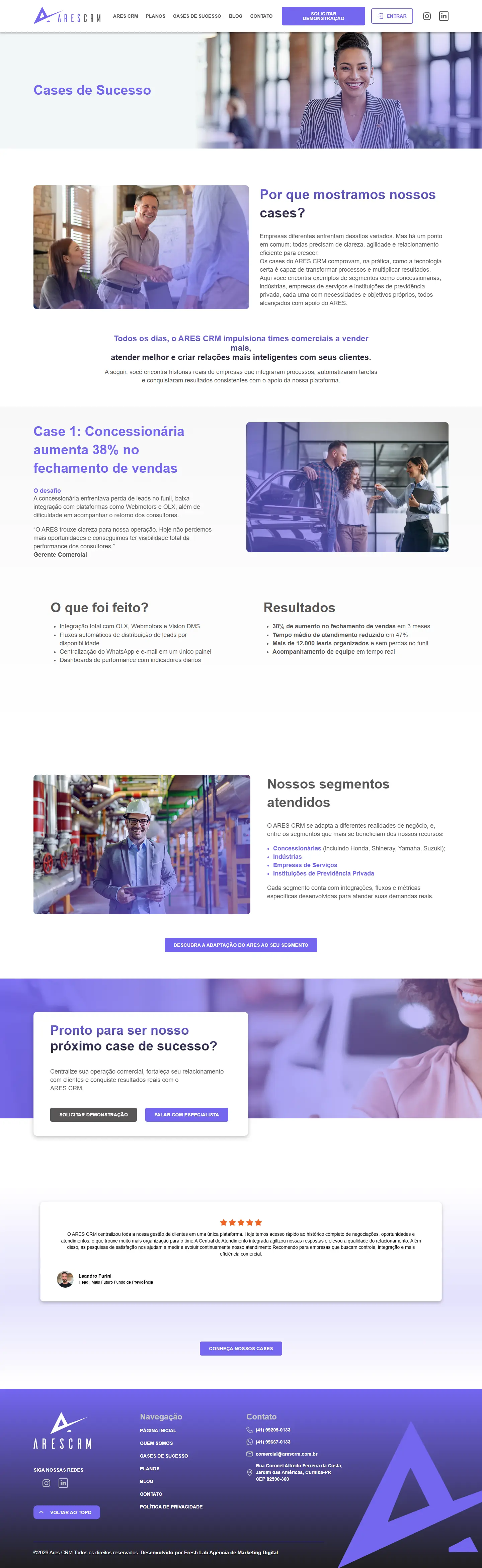 Página de cases de sucesso do site do Ares CRM, inteira, no computador