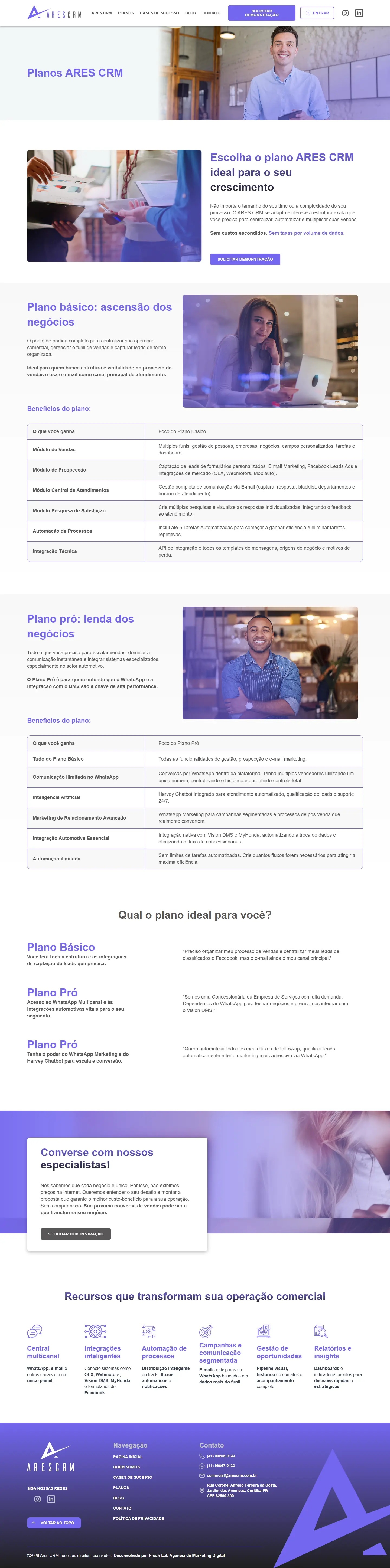 Página de planos do site do Ares CRM, inteira, no computador