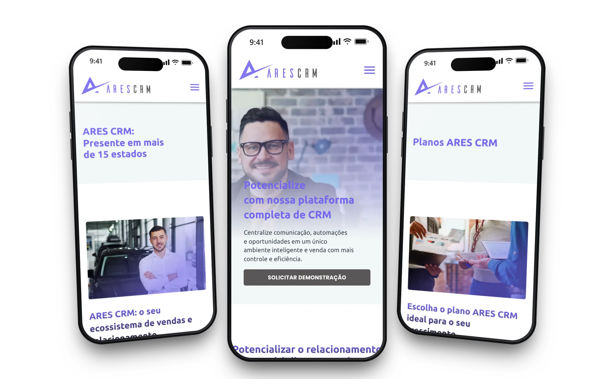 Três celulares com as páginas Ares CRM, Home e Planos do site do Ares CRM