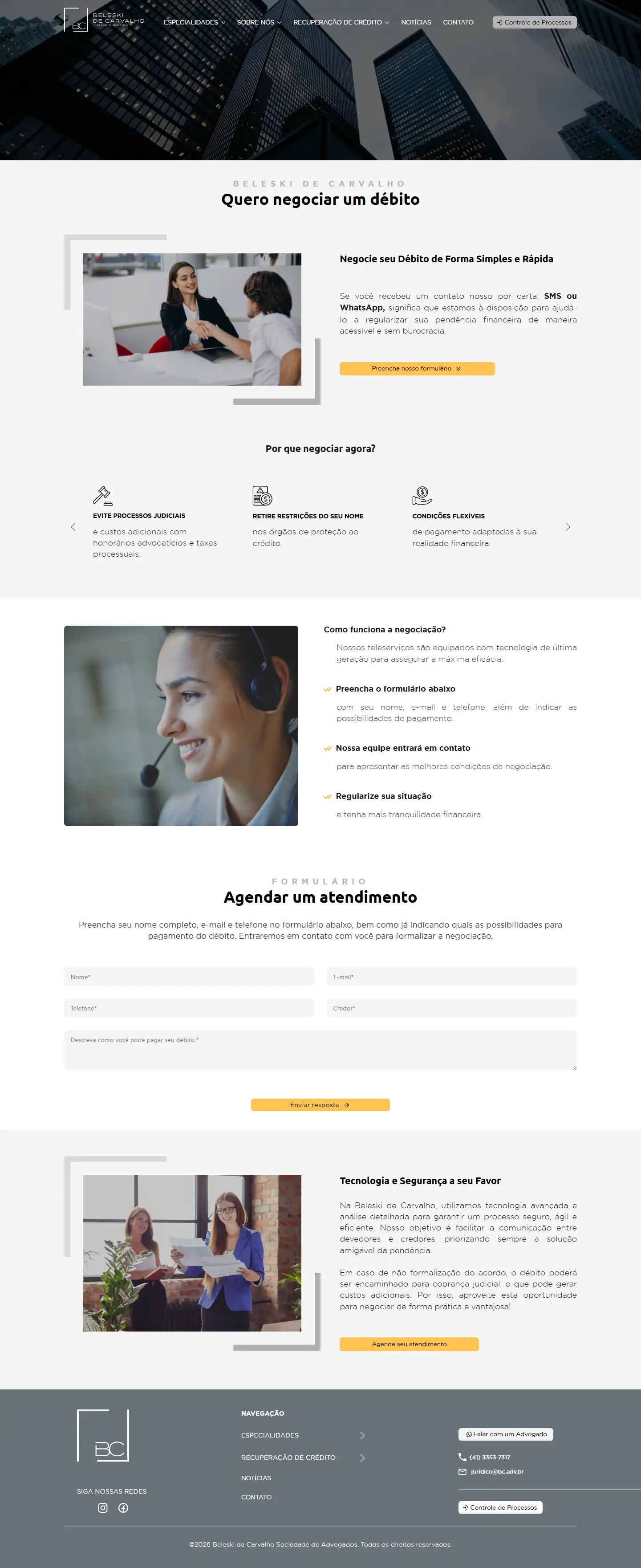 Página Quero negociar um débito do site da Beleski de Carvalho, inteira, no computador