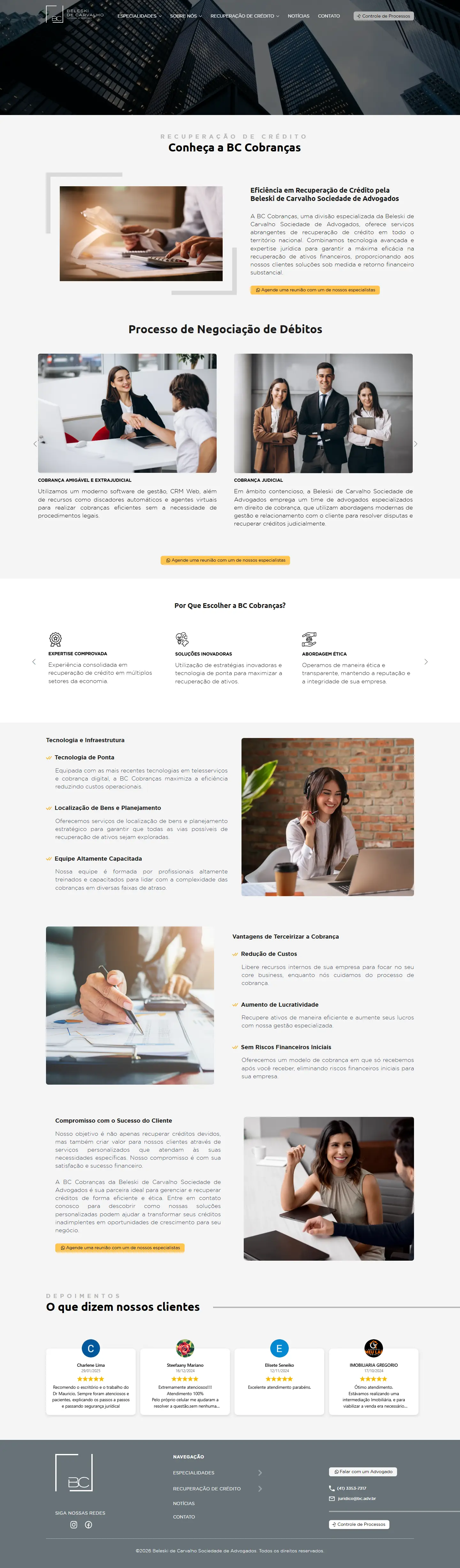 Página Conheça a BC Cobranças do site da Beleski de Carvalho, inteira, no computador