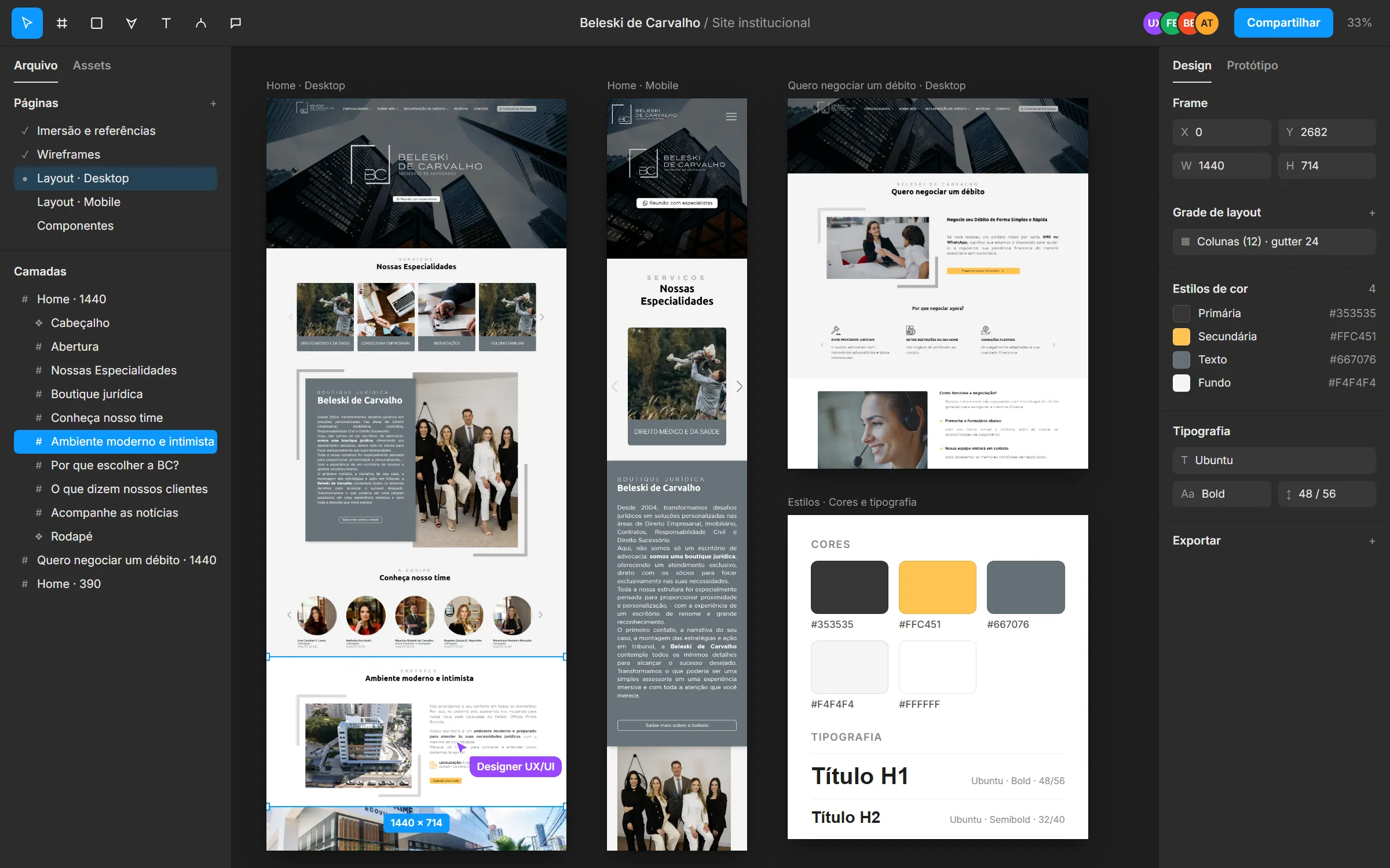 Reconstituição do projeto do site da Beleski de Carvalho no Figma, montada com as telas reais do site: a home no computador e no celular, a página Quero negociar um débito e o guia de cores e tipografia
