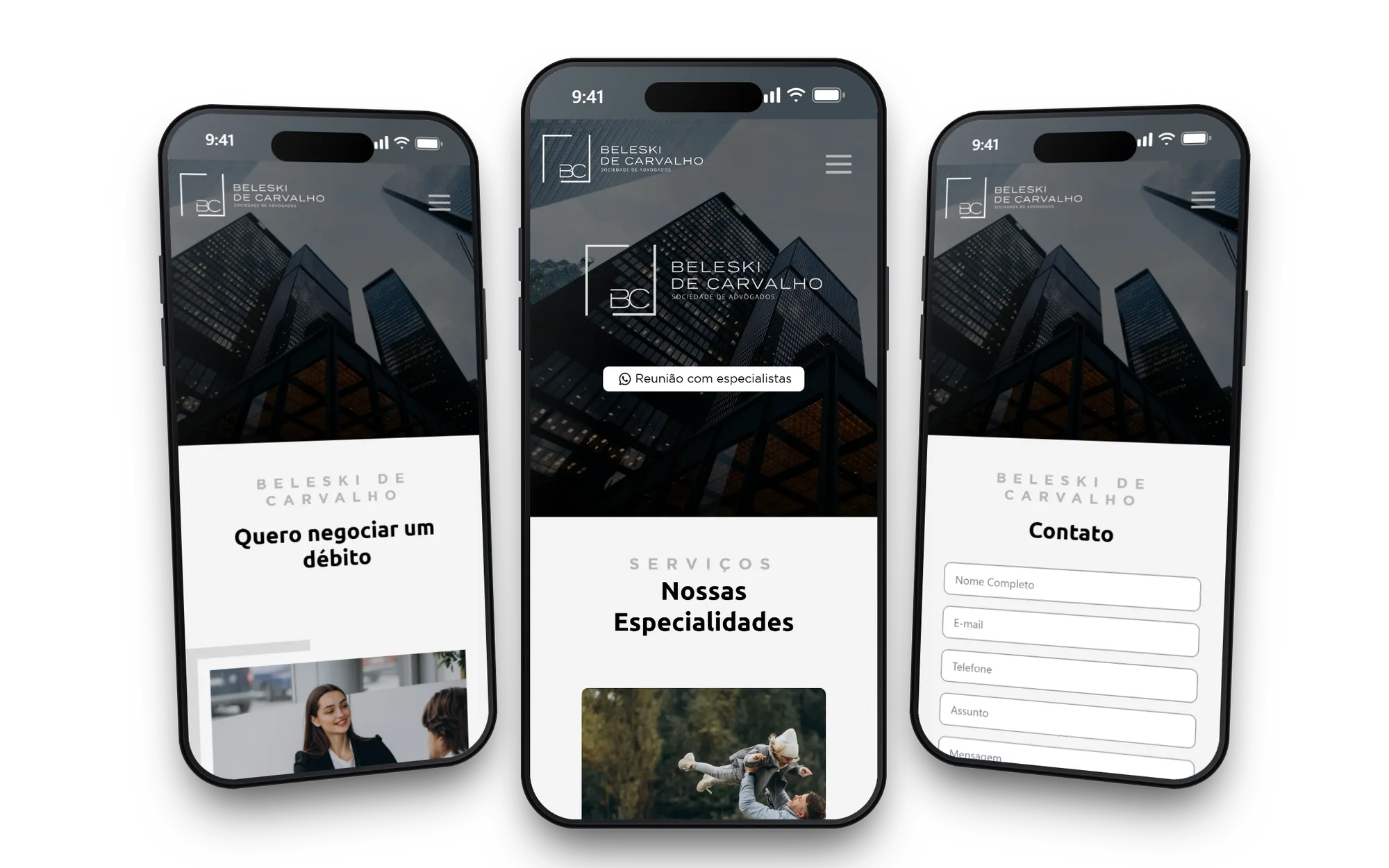 Três celulares com as páginas Quero negociar um débito, Home e Contato do site da Beleski de Carvalho