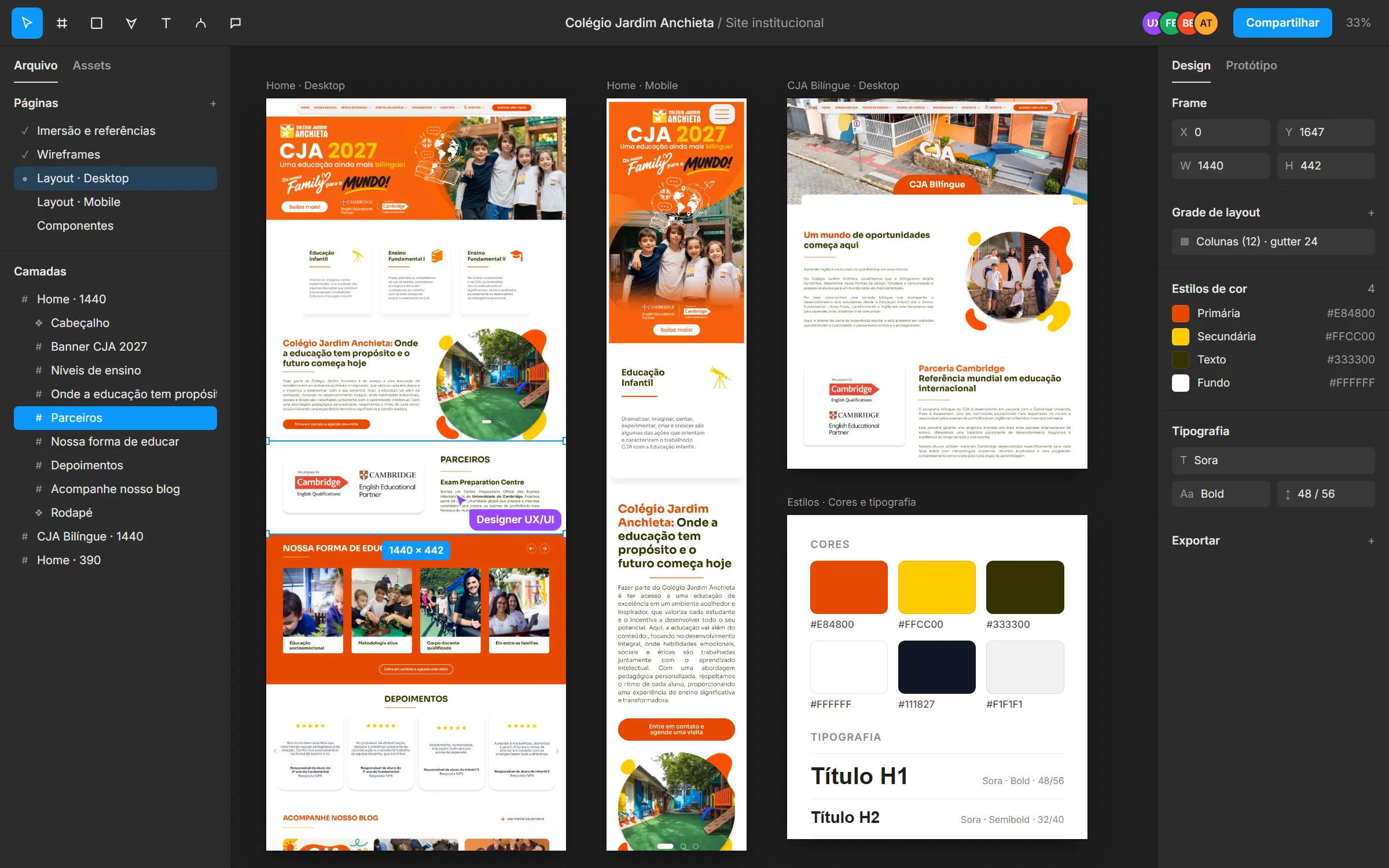 Reconstituição do projeto do site do Colégio Jardim Anchieta no Figma, montada com as telas reais do site: a home no computador e no celular, a página CJA Bilíngue e o guia de cores e tipografia