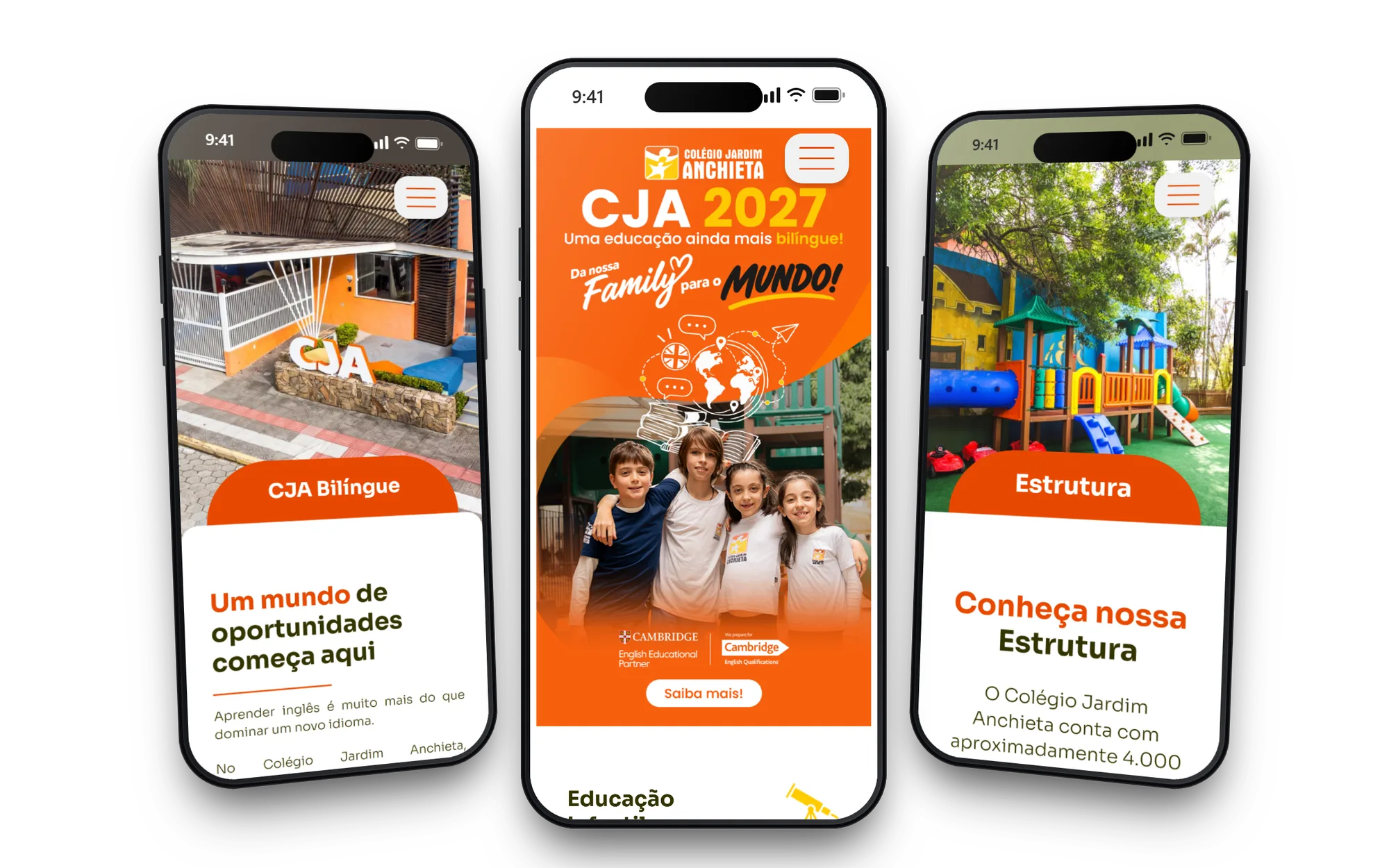 Três celulares com as páginas CJA Bilíngue, Home e Estrutura do site do Colégio Jardim Anchieta