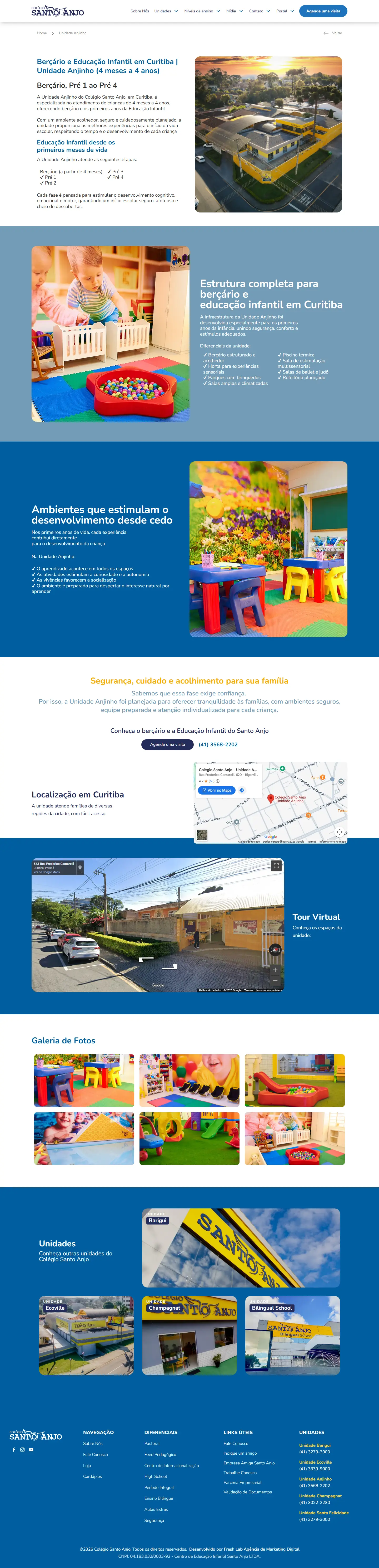 Página da Unidade Anjinho, de berçário e Educação Infantil, do site do Colégio Santo Anjo, inteira, no computador