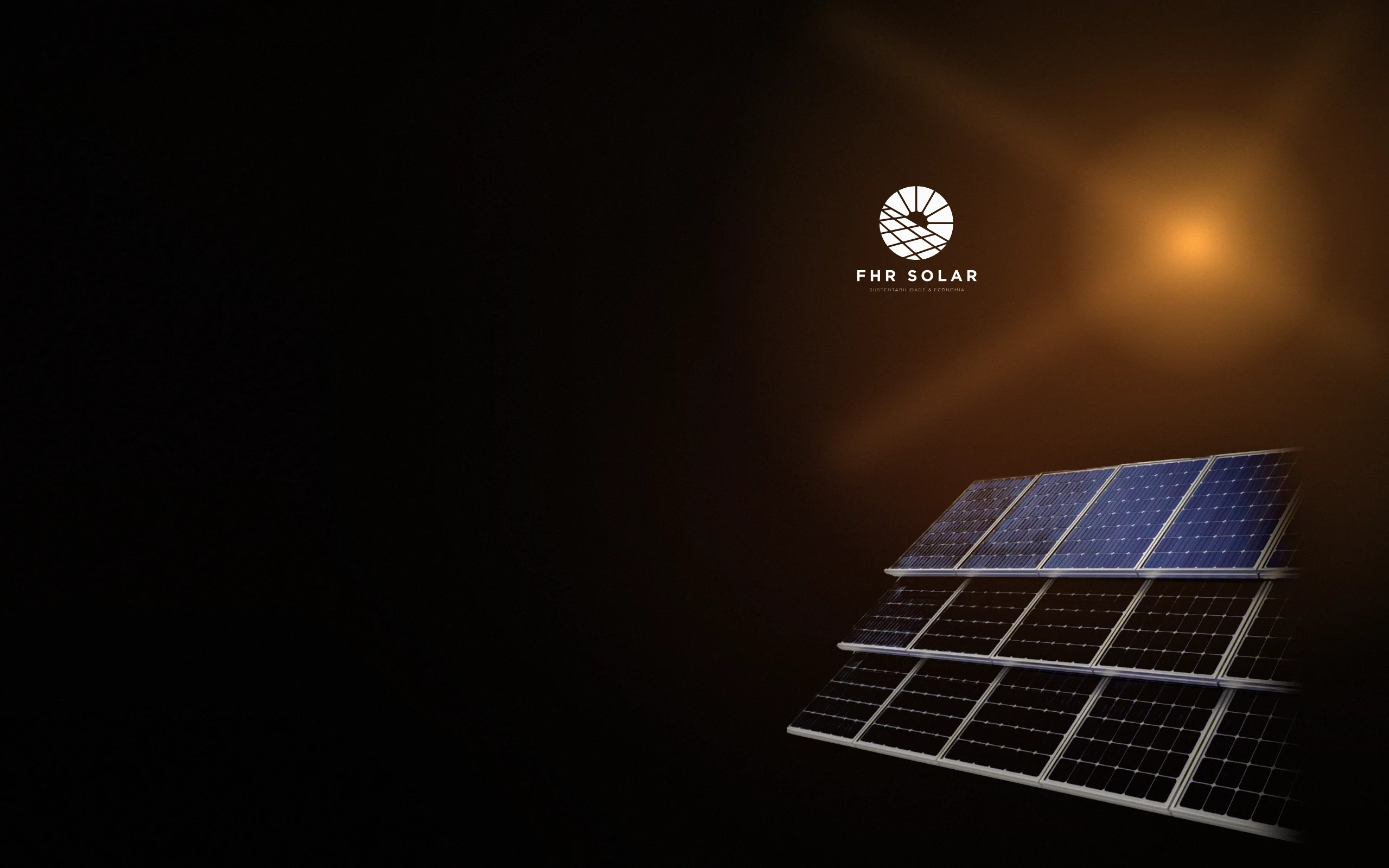 Painéis solares em perspectiva sob luz da manhã, ao lado do logo da FHR Solar