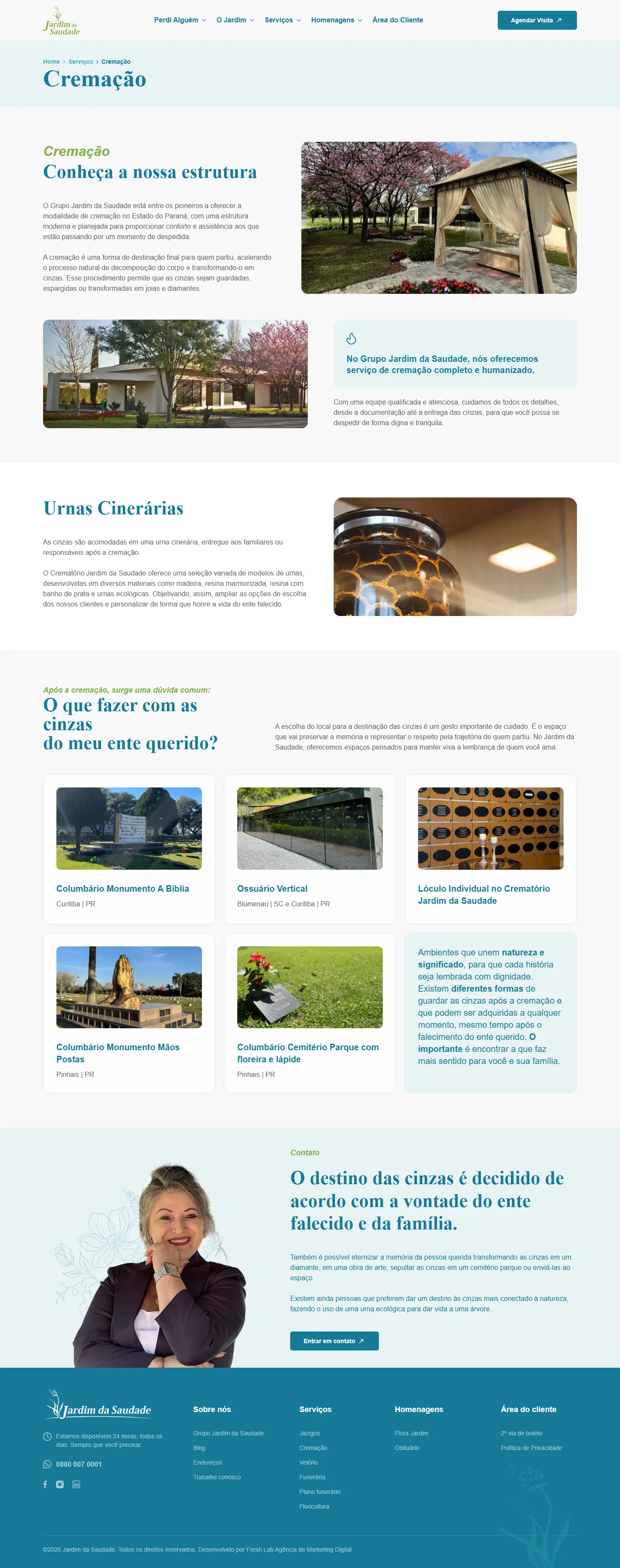 Página Cremação do site do Jardim da Saudade, inteira, no computador