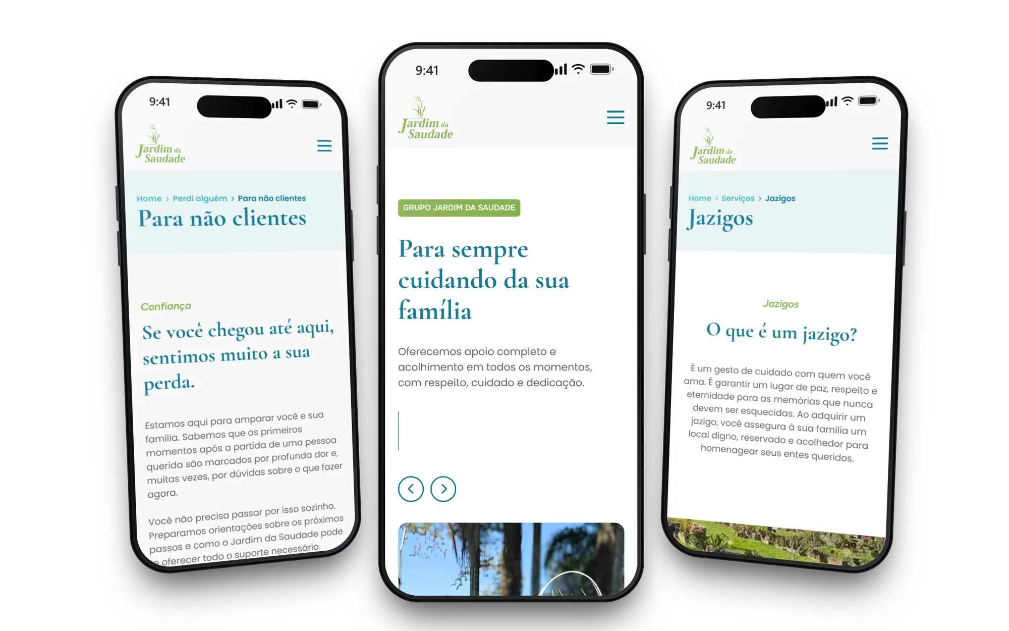 Três celulares com as páginas Para não clientes, Home e Jazigos do site do Jardim da Saudade