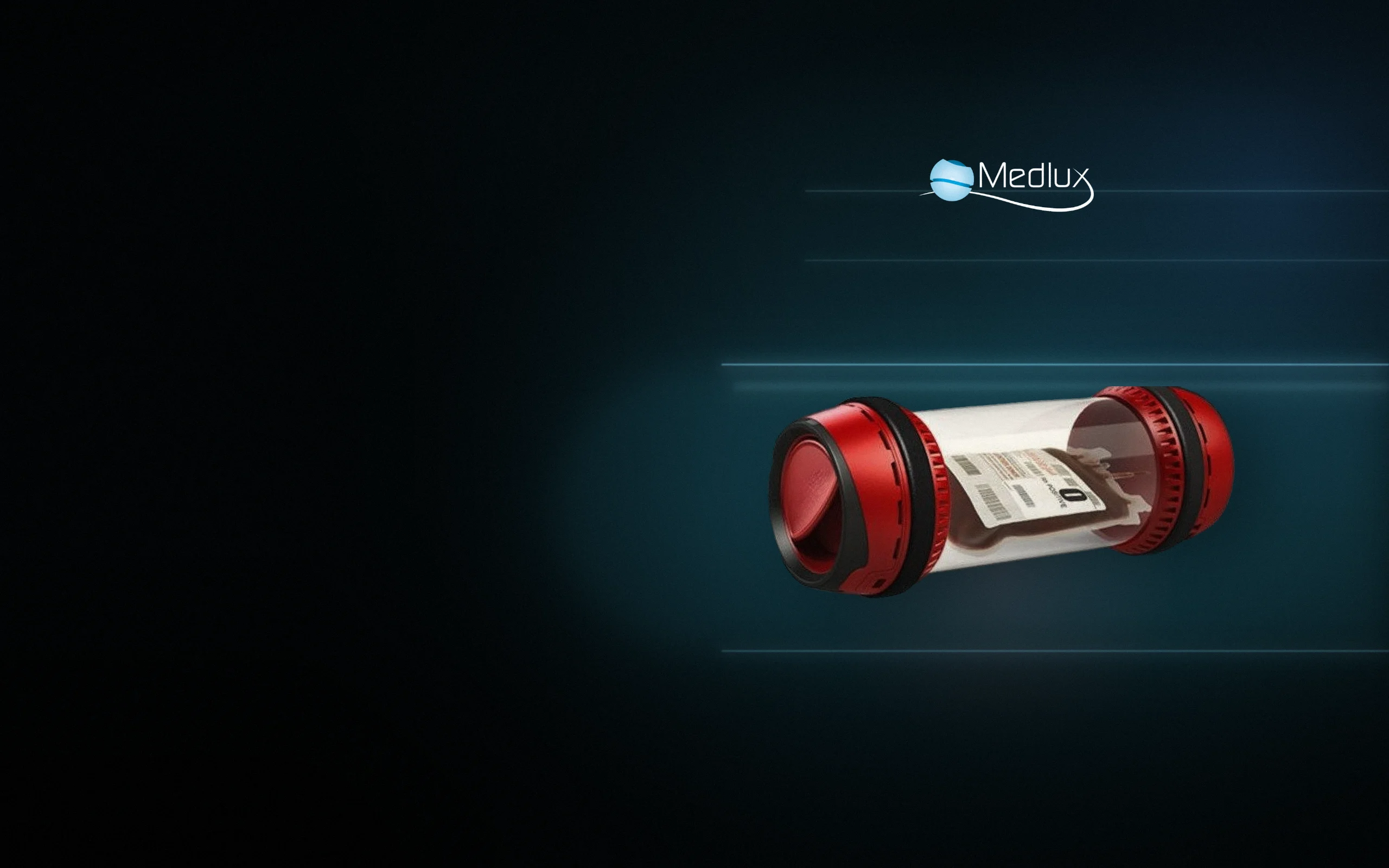 Cápsula vermelha de correio pneumático hospitalar com bolsa de sangue, ao lado do logo da Medlux