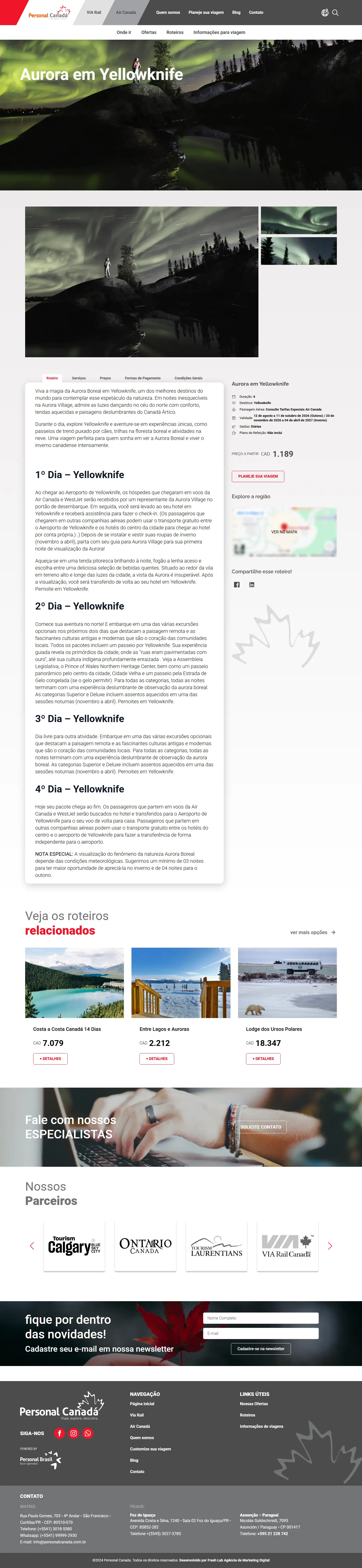 Página do roteiro Aurora em Yellowknife do site da Personal Canadá, inteira, no computador