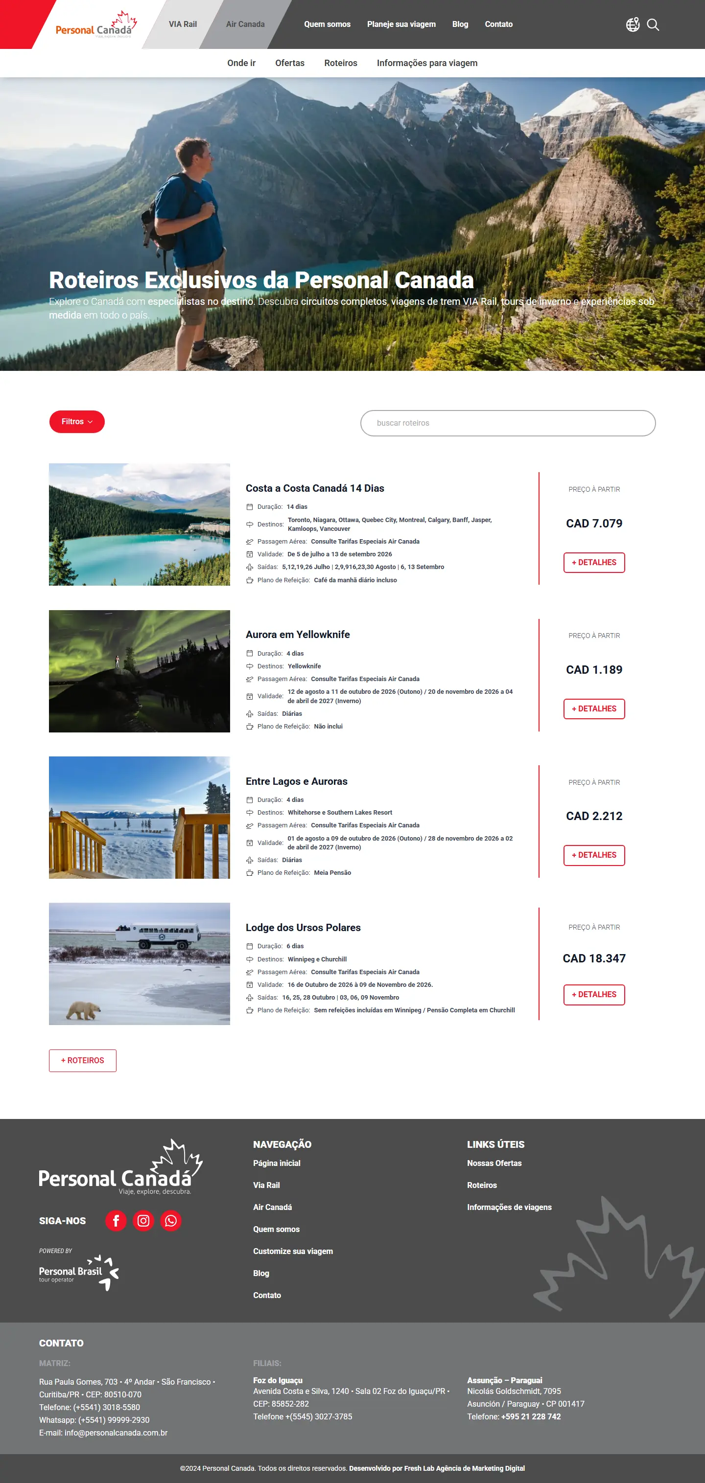 Página Roteiros do site da Personal Canadá, inteira, no computador
