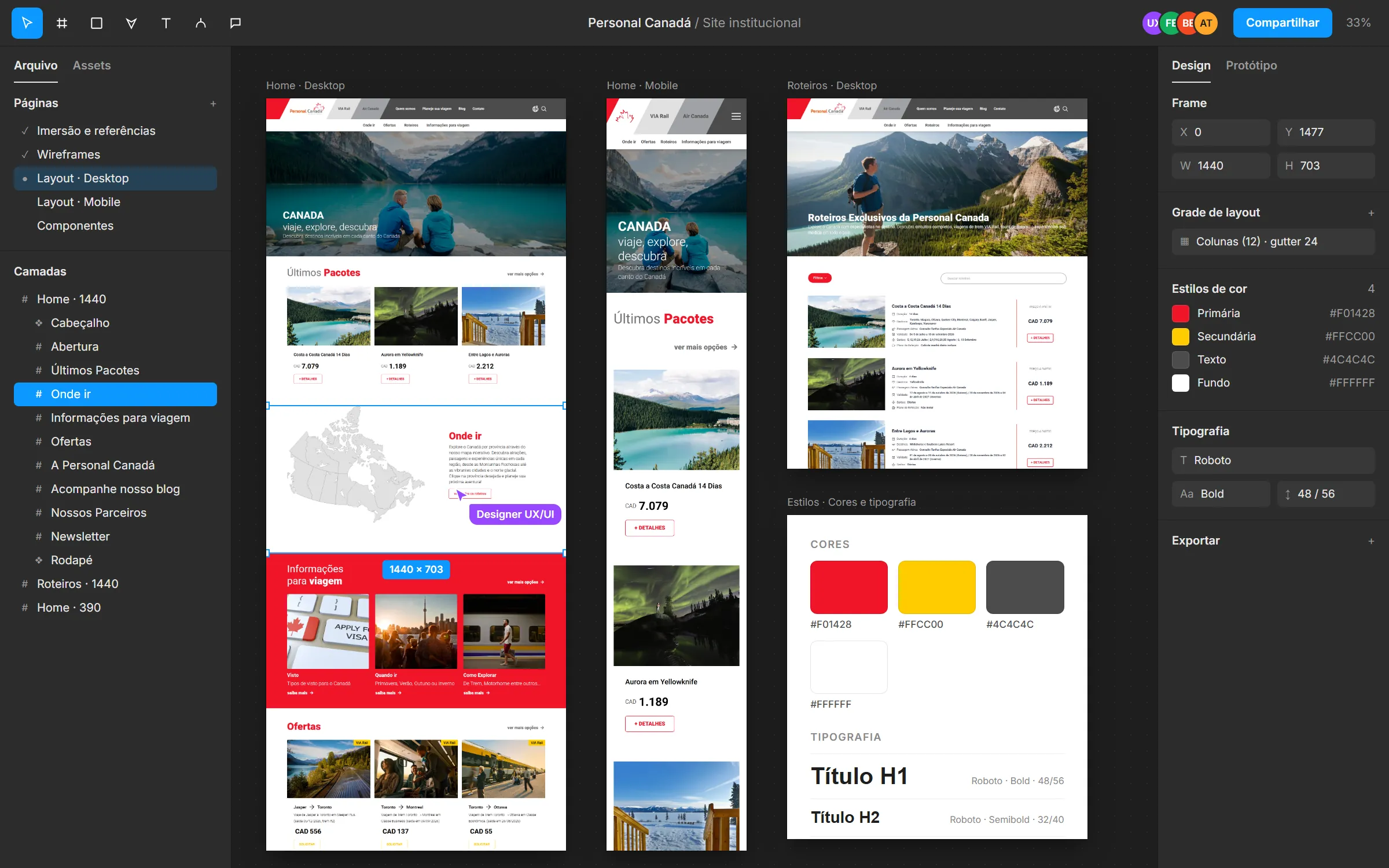 Reconstituição do projeto do site da Personal Canadá no Figma, montada com as telas reais do site: a home no computador e no celular, a página Roteiros e o guia de cores e tipografia