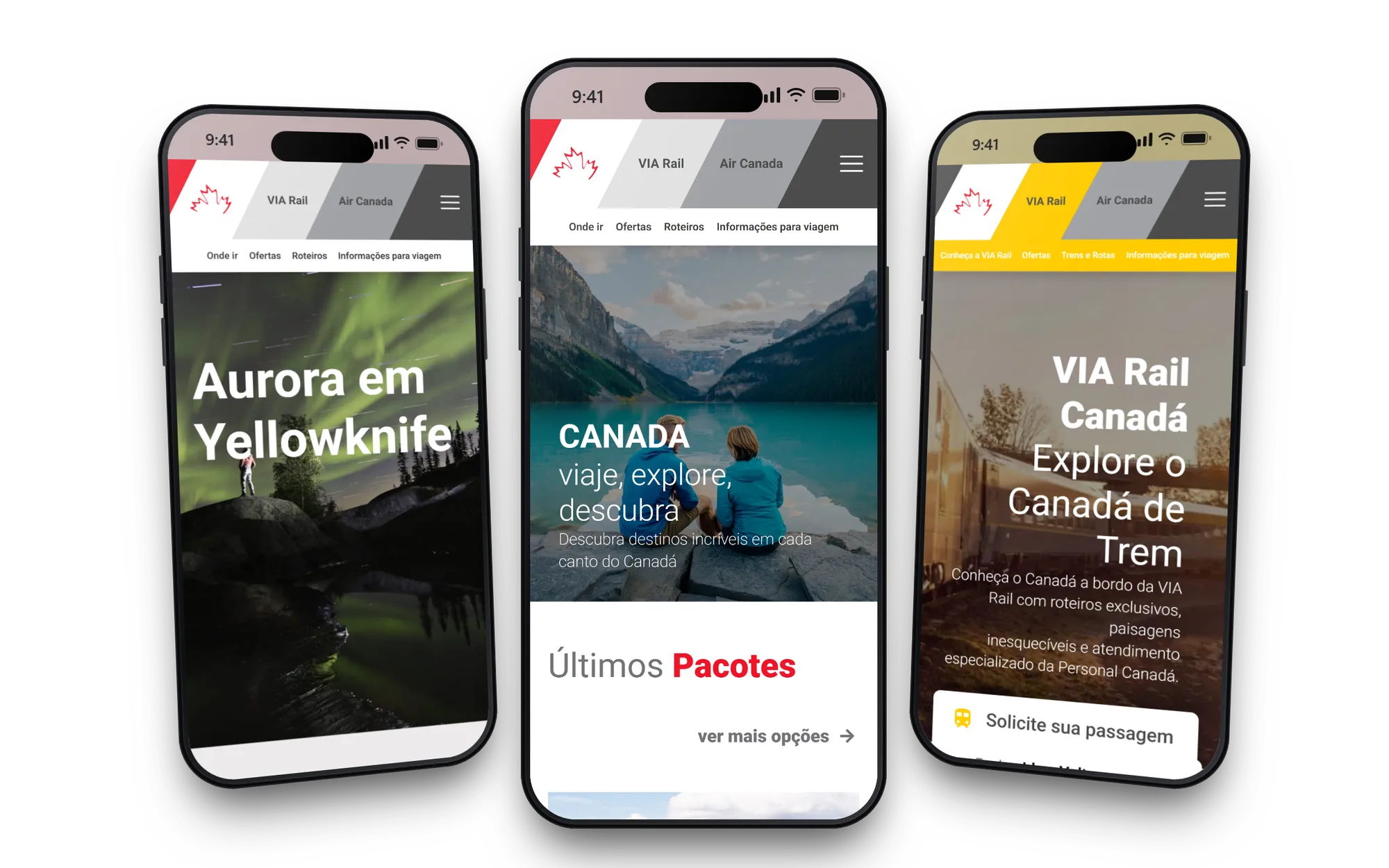 Três celulares com as páginas Aurora em Yellowknife, Home e VIA Rail do site da Personal Canadá