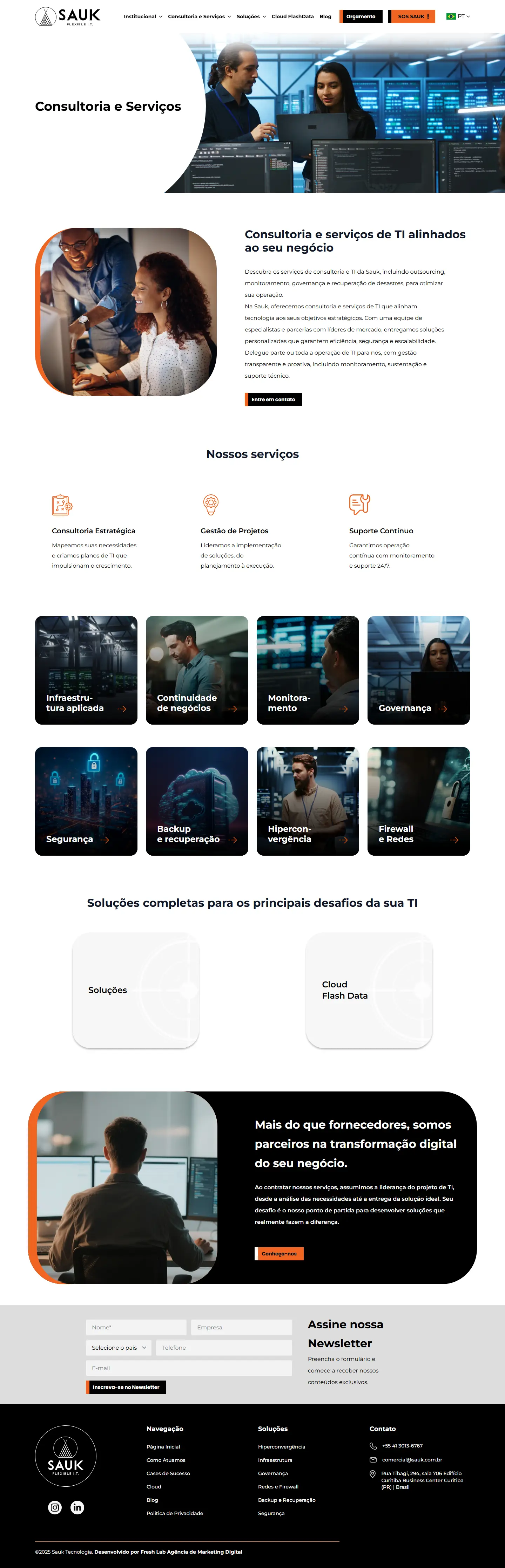 Página Consultoria e Serviços do site da Sauk, com os oito serviços, inteira, no computador