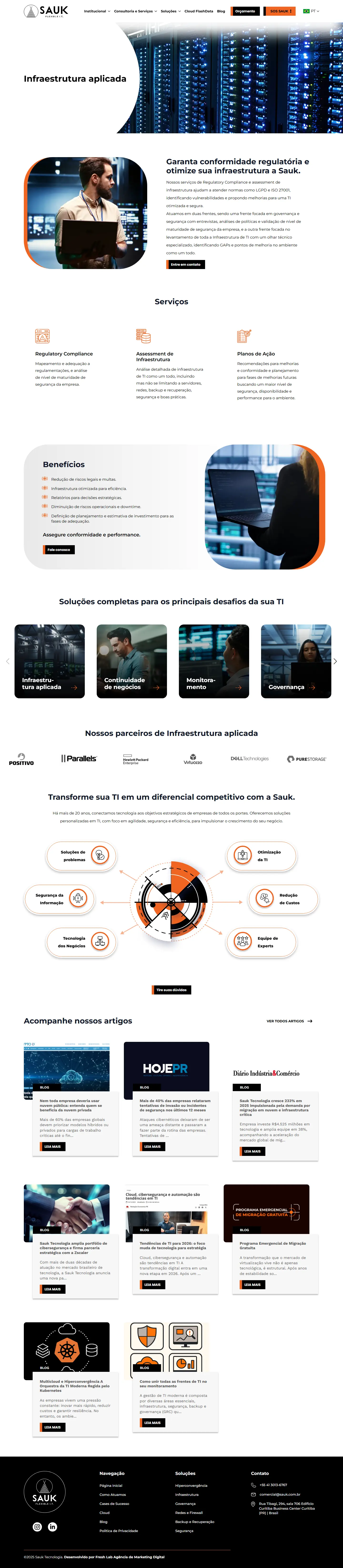 Página Infraestrutura aplicada do site da Sauk, com conformidade à LGPD e assessment, inteira, no computador