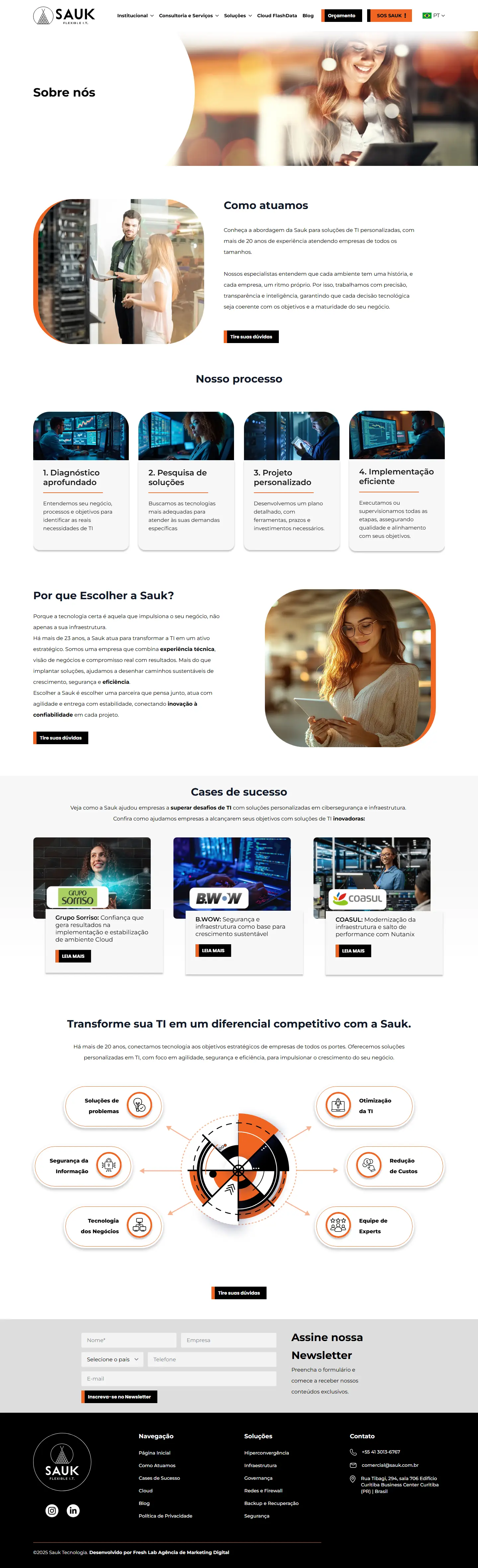 Página Sobre nós do site da Sauk, com o processo e os cases de sucesso, inteira, no computador