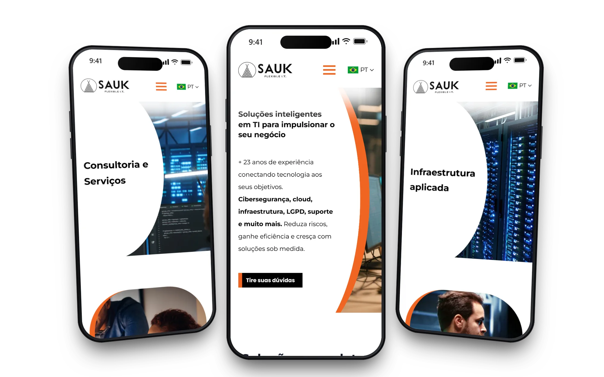 Três celulares com as páginas Consultoria e Serviços, Home e Infraestrutura aplicada do site da Sauk