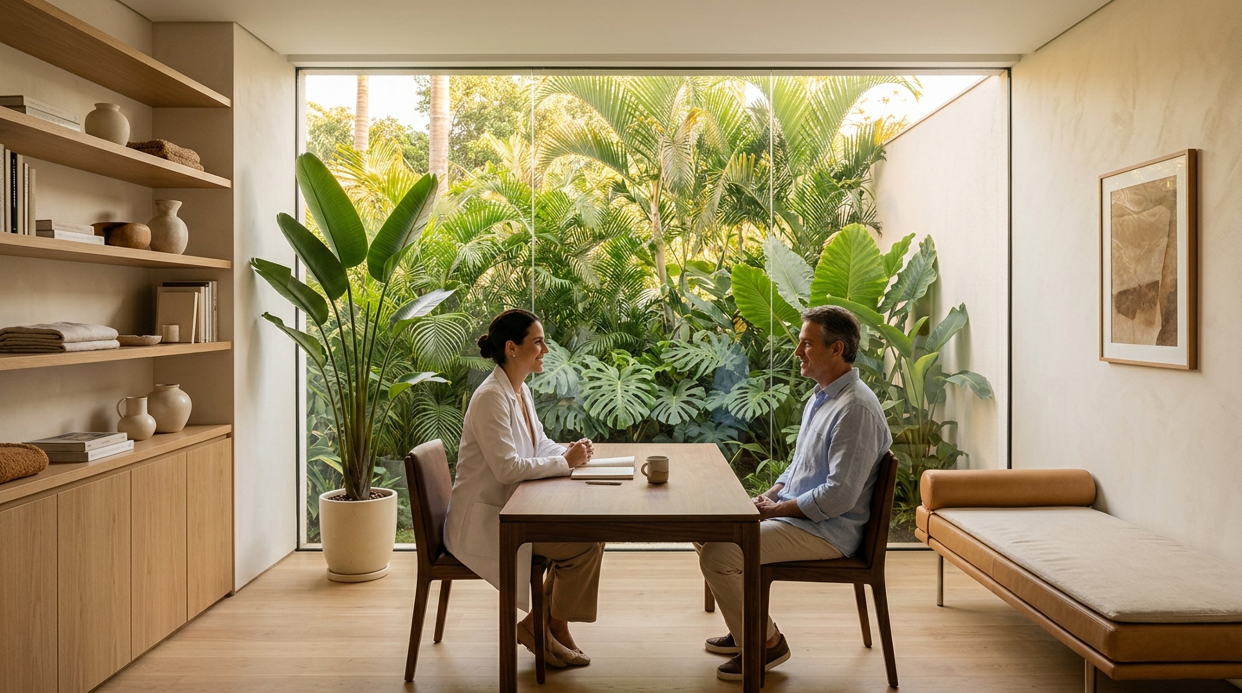 Consultório com luz de fim de tarde: uma médica conversa com um paciente à mesa, diante de uma parede de vidro aberta para um jardim tropical