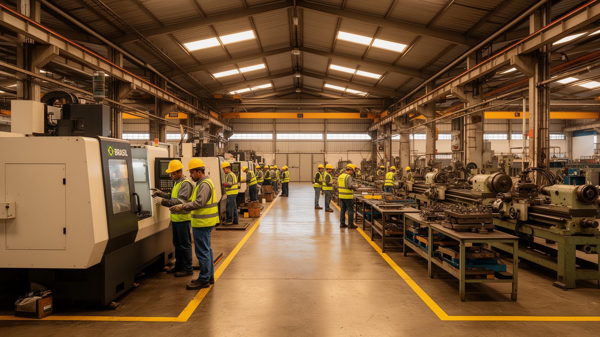 Chão de fábrica com tornos CNC e operadores com capacete e colete