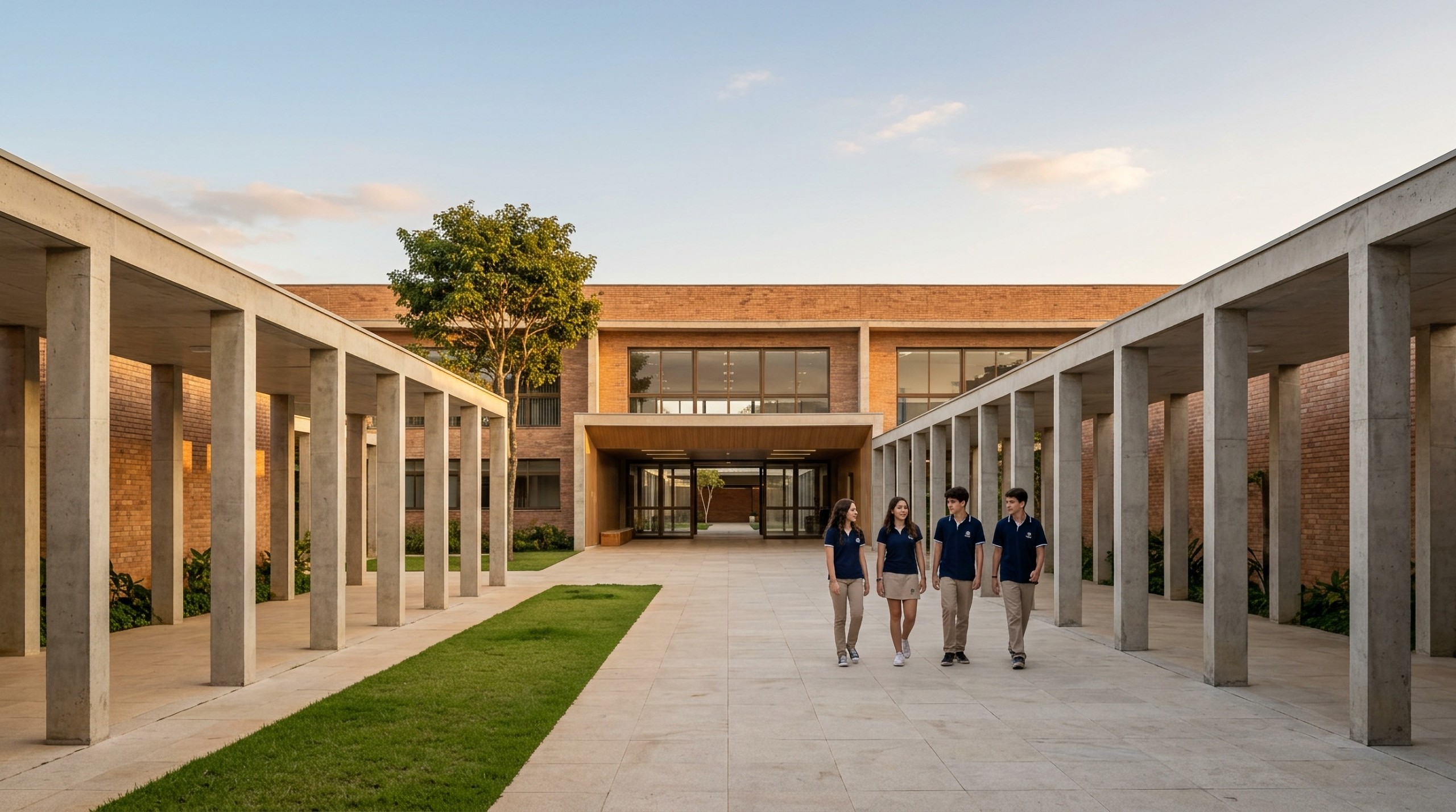 Pátio de colégio no fim da tarde, entre duas colunatas de concreto, com quatro alunos de uniforme caminhando em direção à câmera e o prédio de tijolos ao fundo
